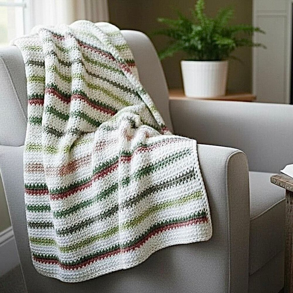 Handmade Crochet Striped Throw Blanket White Pink Green Afghan 50x56 Cozy Decor